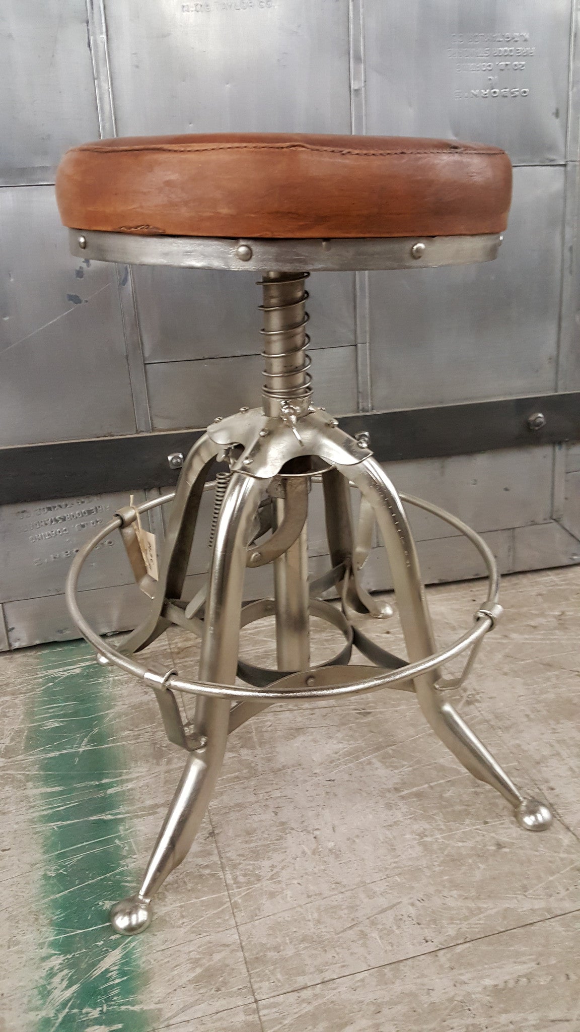 Round Brushed Metal Stool with Leather Seat