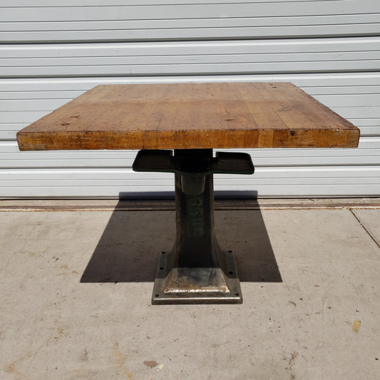 Machine Base Pedestal Table with Wood Top