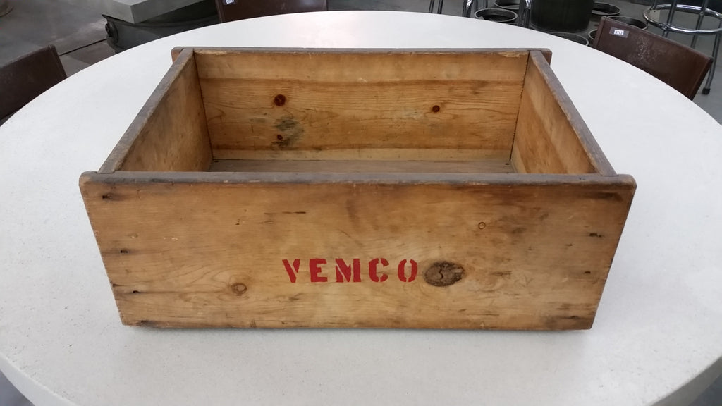 "Vemco", Stackable Wood Crate with Metal Handles