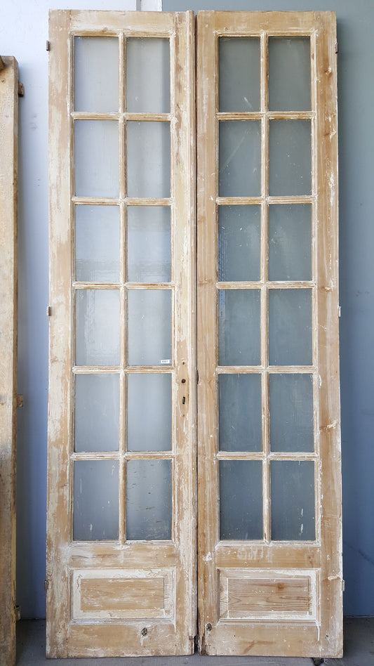 Pair of 12 Lite Washed Wood Antique French Doors
