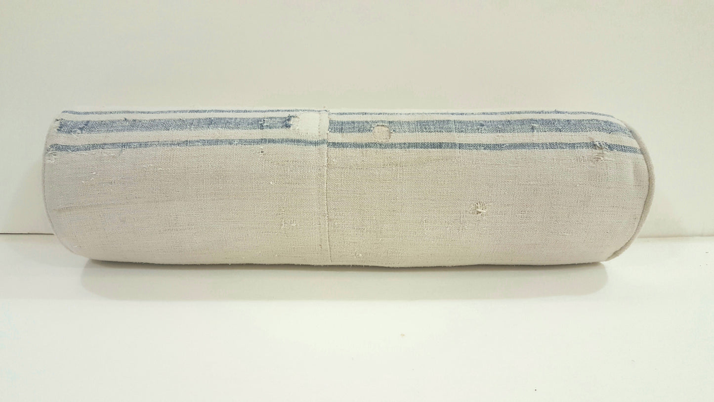 Blue Striped French Grain Sack Bolster Pillow