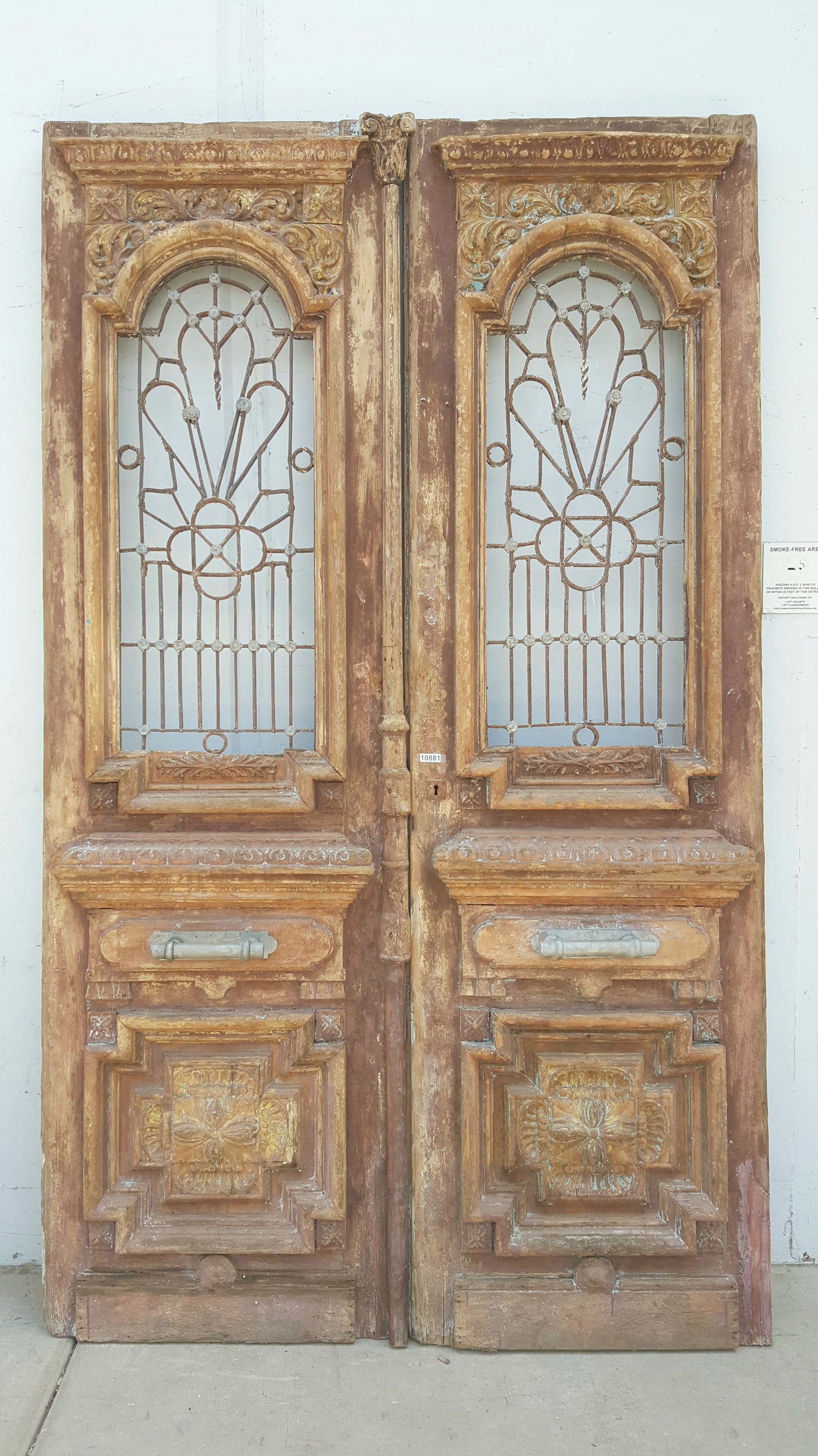 Pair of Ornate Wood Antique Carved Doors with Iron Inserts (no glass)