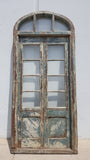 Pair of 4 Lite Framed Distressed Wood Antique Doors with 3 Lite Arched Transom