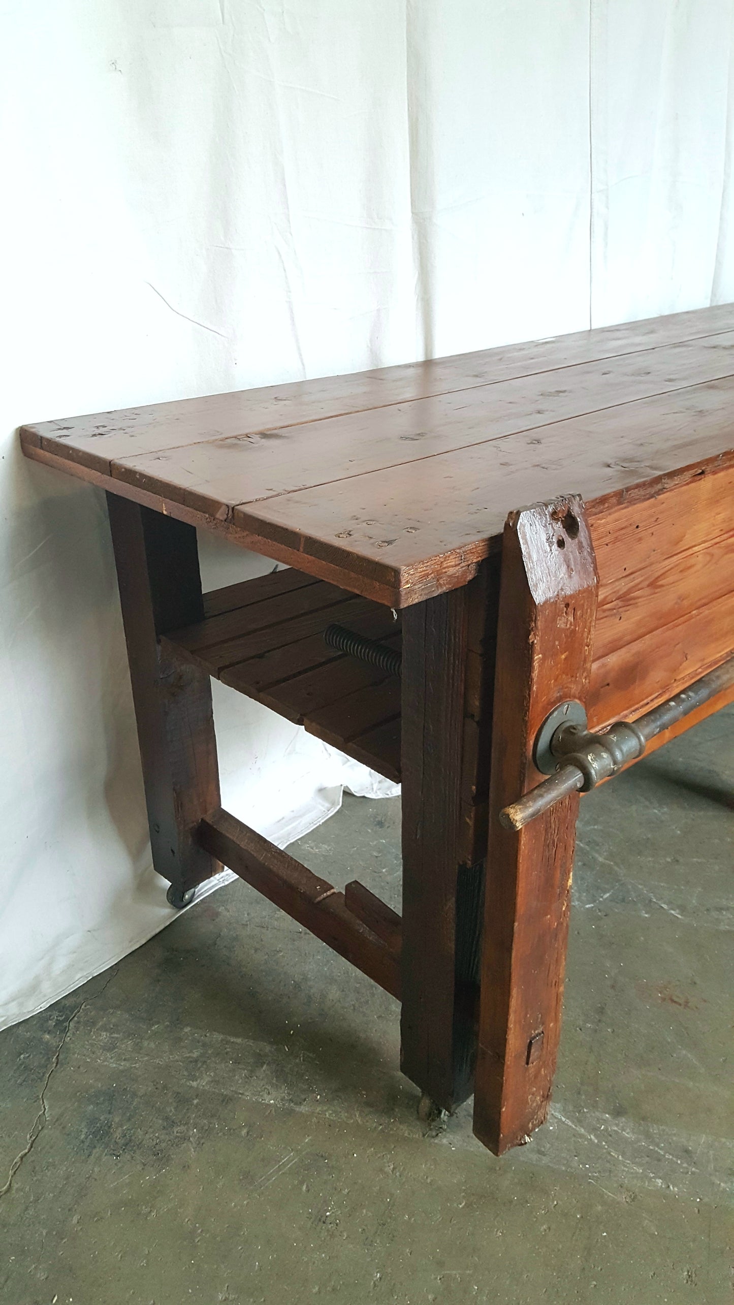 Antique Wood Work Table with Vise