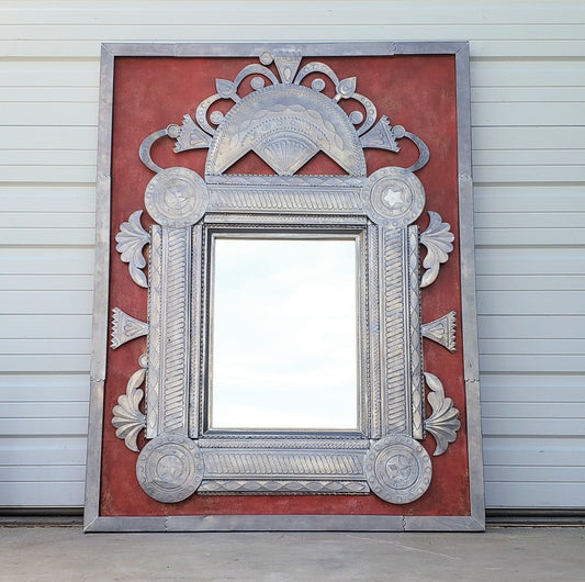 Single Pane Ornate Red Mexican Tin Rectangle Mirror