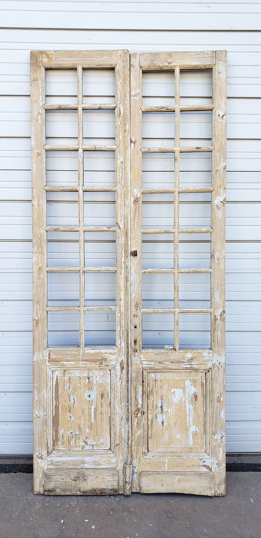 Pair of 14 Lite Washed Wood French Antique Doors (No Glass)