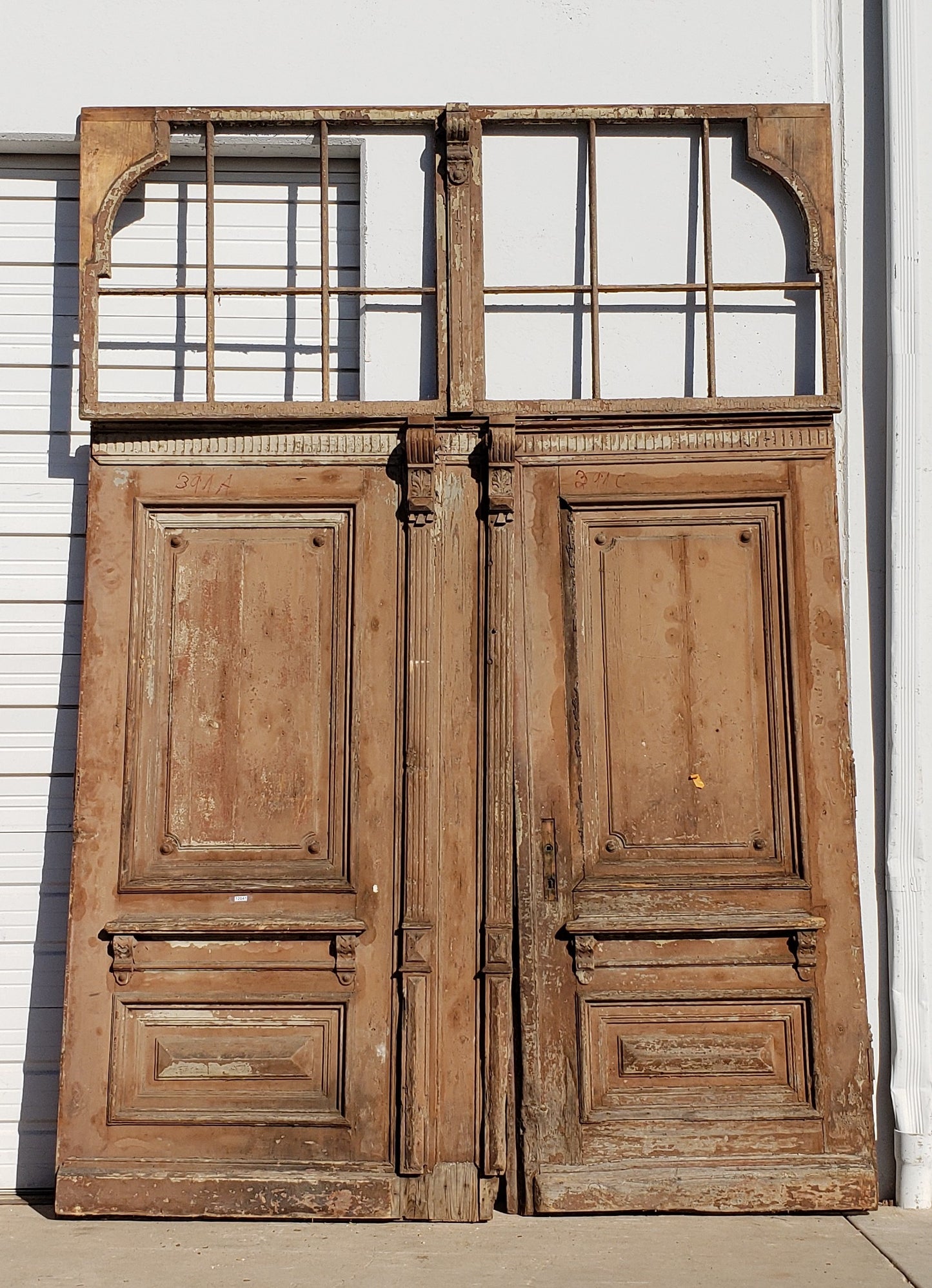 Pair of Antique Wooden Carved Doors with Transom Frame