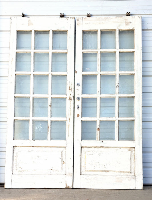 Pair of 15 Lite White Wood Sliding French Antique Doors