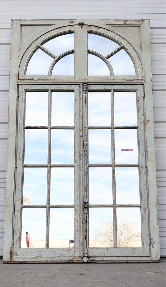 Pair of 8 Pane Mirrored French Windows with Arched Style Transom