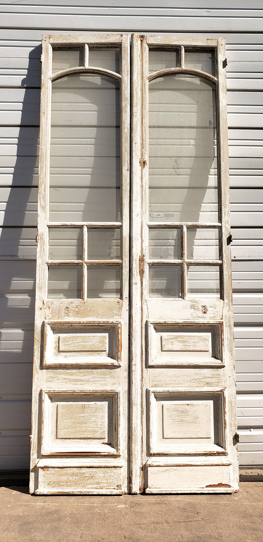 Pair of 2 Panel 7 Lite Washed Wood French Antique Doors