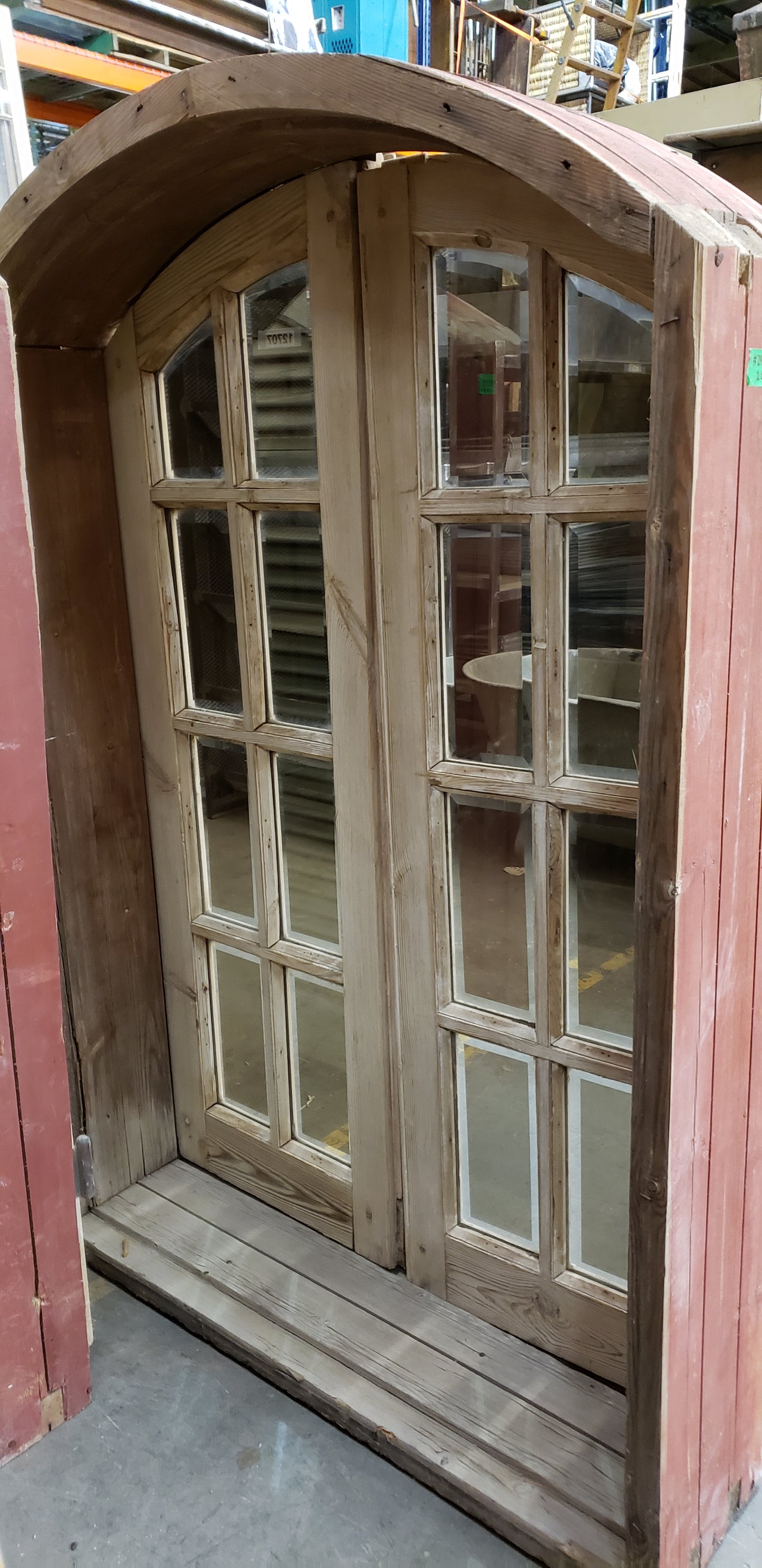 Antique 16 Pane Arched Natural Wood Window & Shutter Set