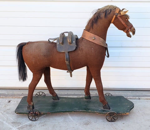 Antique Children's Felt Horse on Wheels
