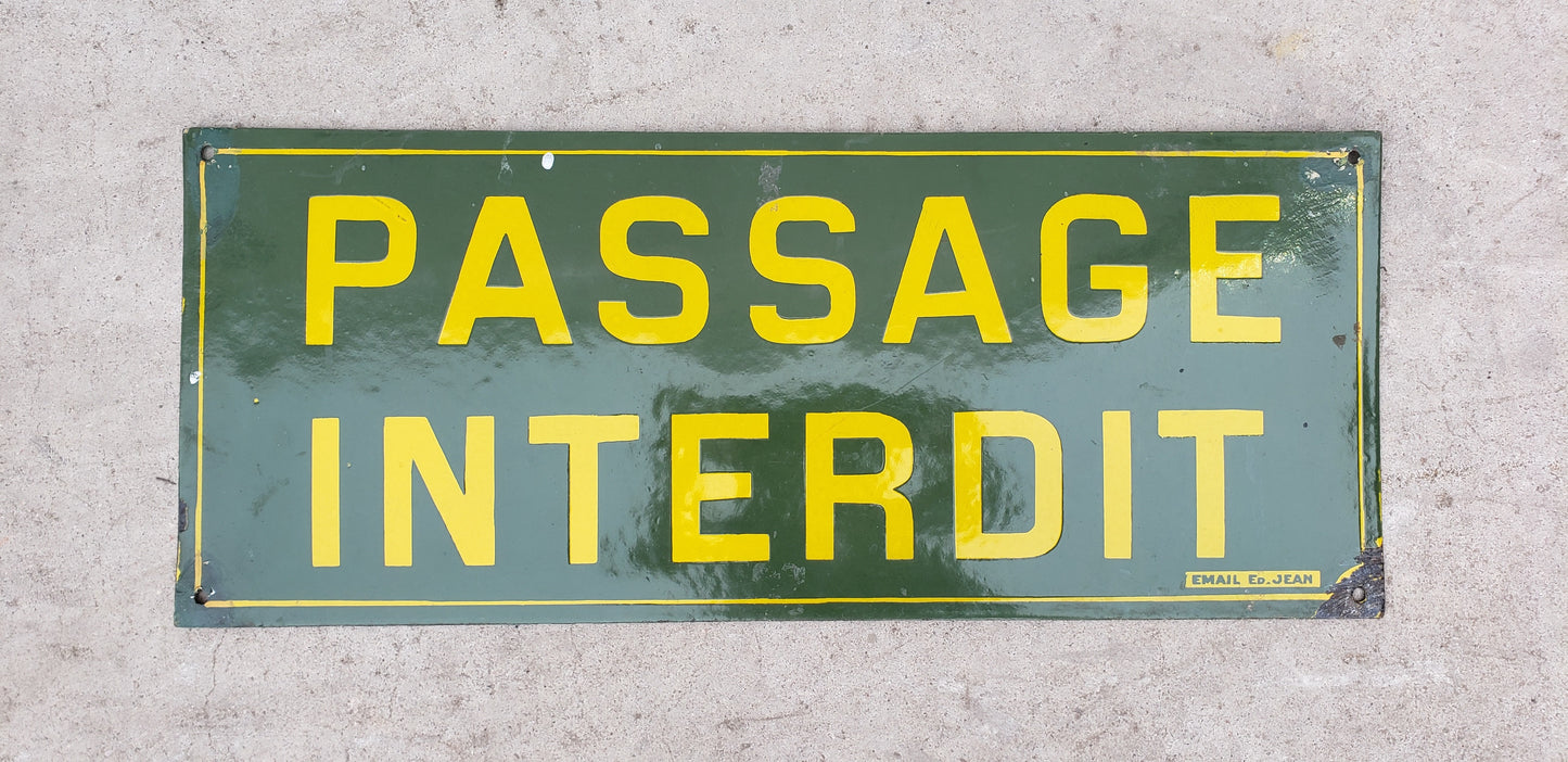 Enamel "Passage Interdit" (No Trespassing) Sign from the Paris Metro