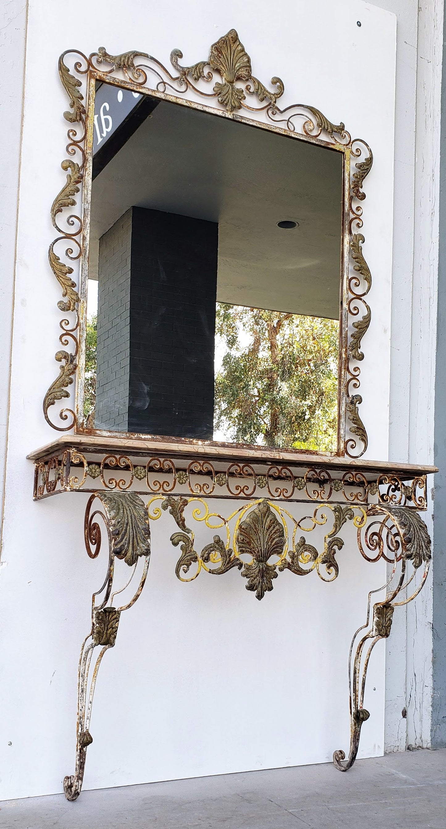 Iron Wall Console with Marble Top and Arched Mirror