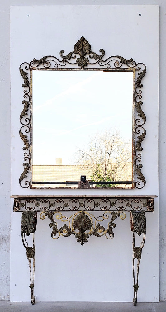 Iron Wall Console with Marble Top and Arched Mirror