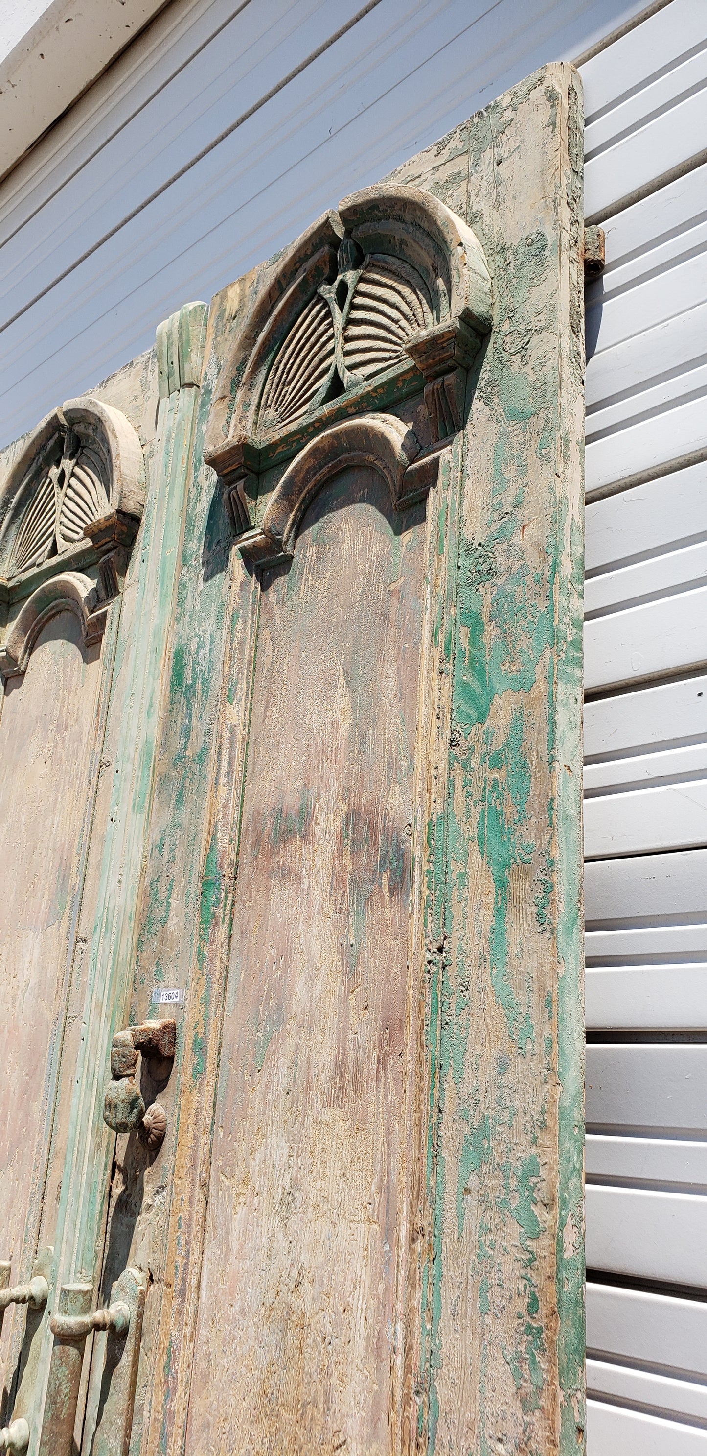 Pair of Green Washed Antique Carved Wood Doors