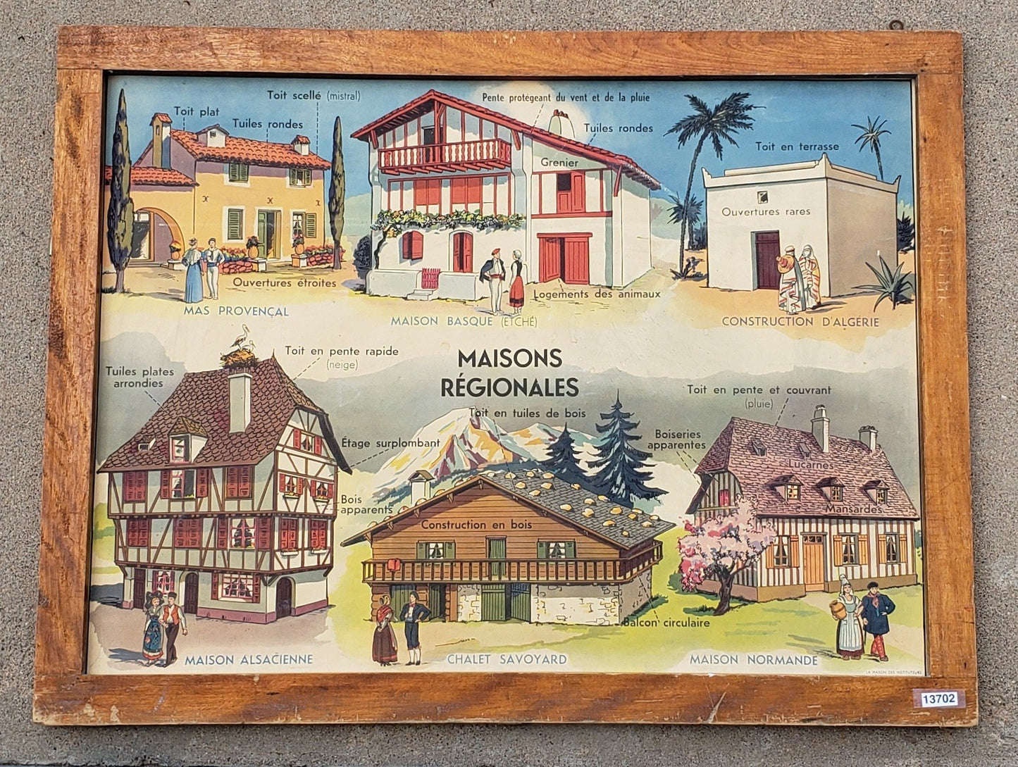 Vintage French Framed School Poster "Maisons Regionales"