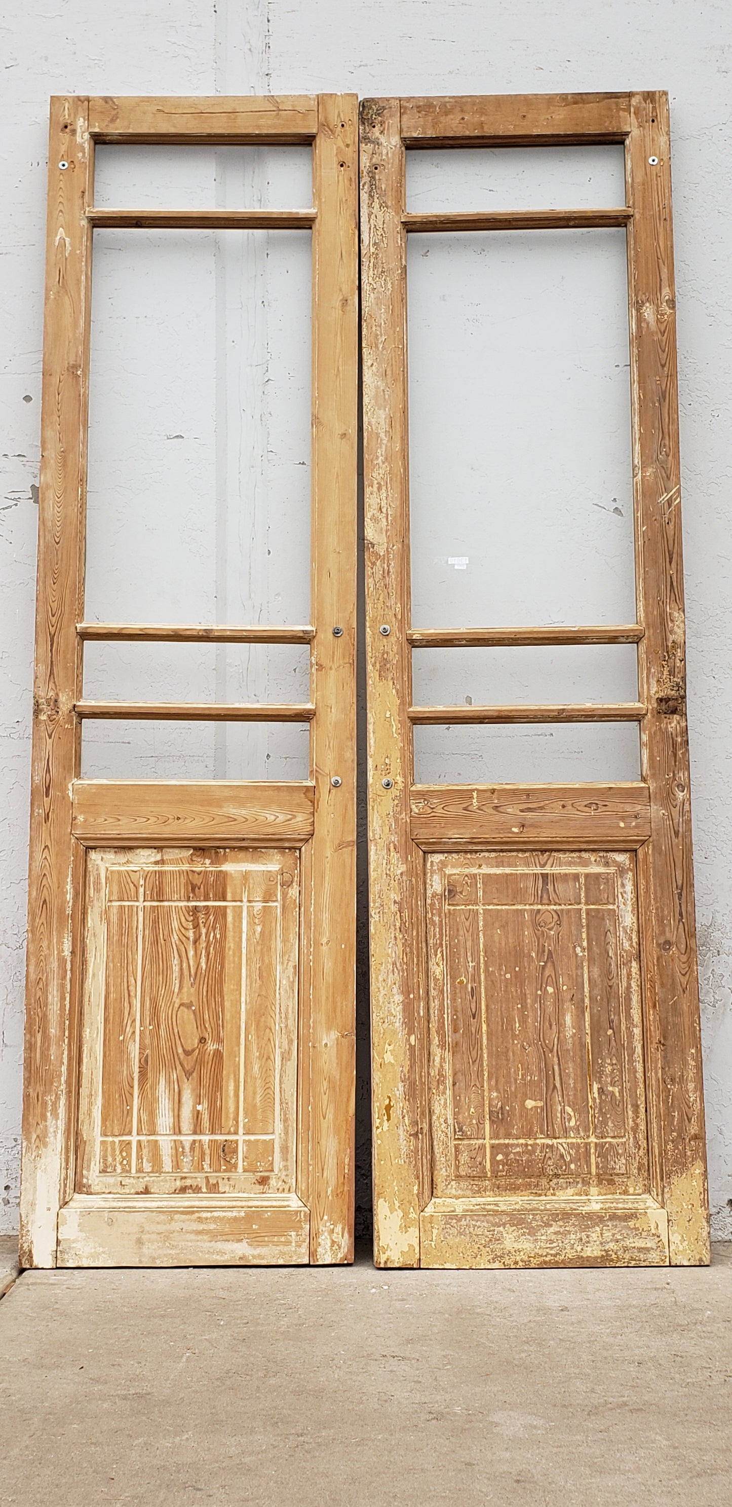 Pair of Washed Antique Wood 4-Lite Doors