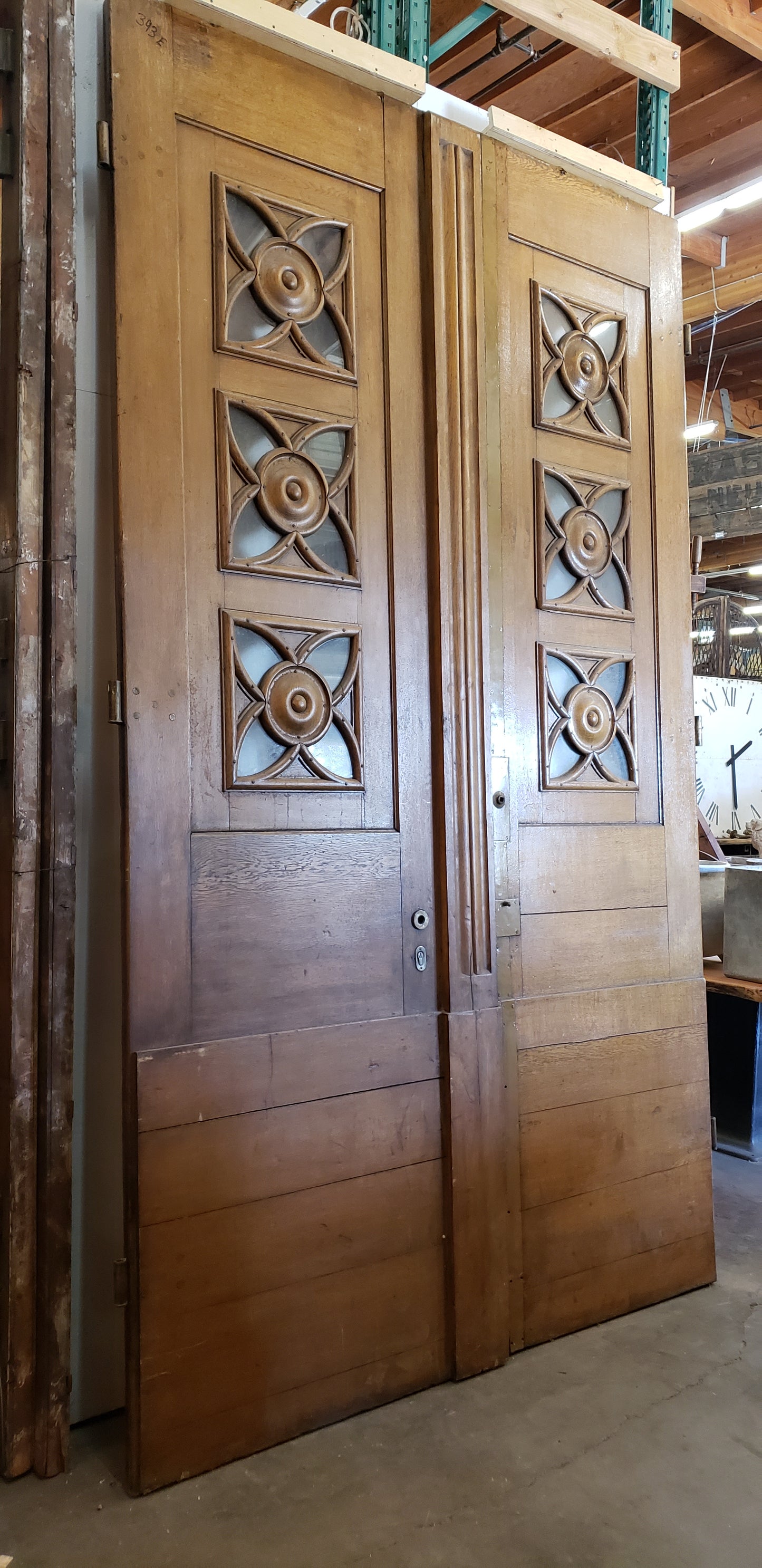 Antique Pair of Wood Carved Doors and Transom