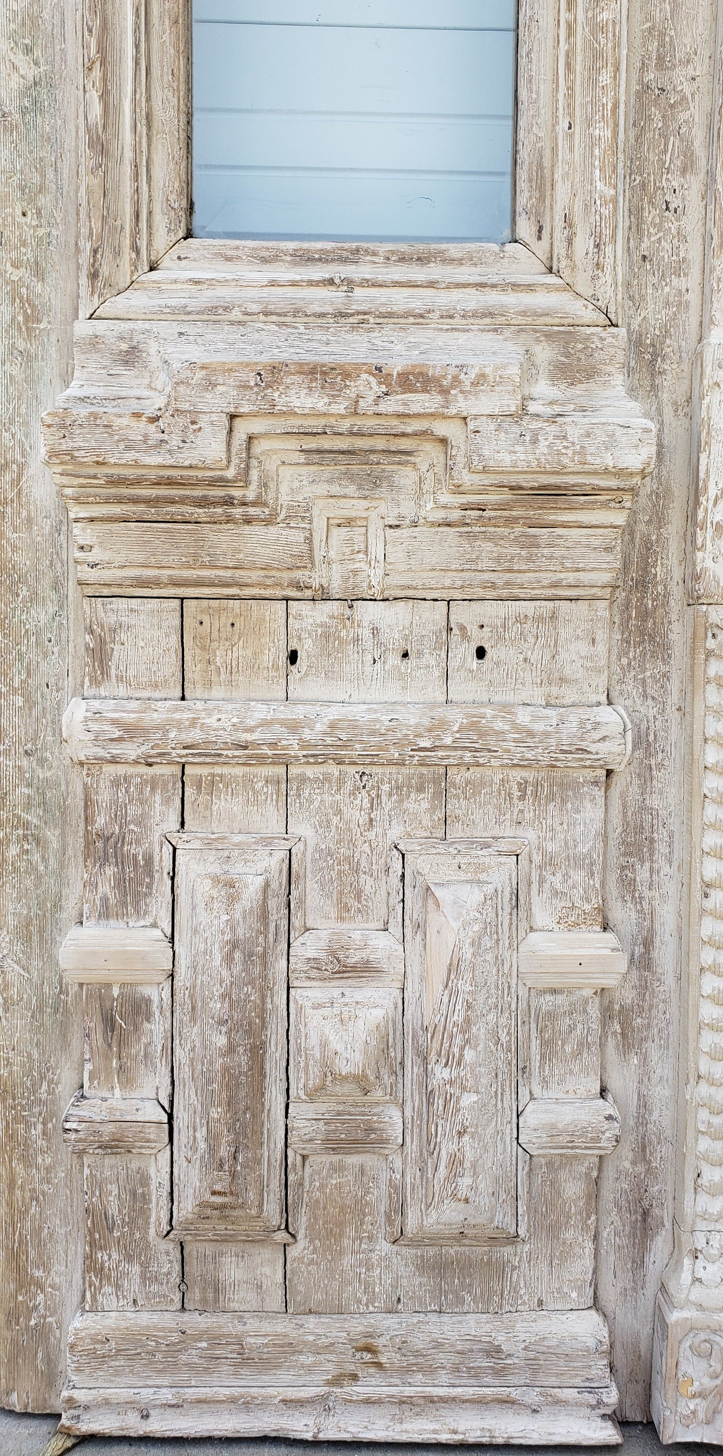 Pair of Single Lite Washed Antique Carved Doors