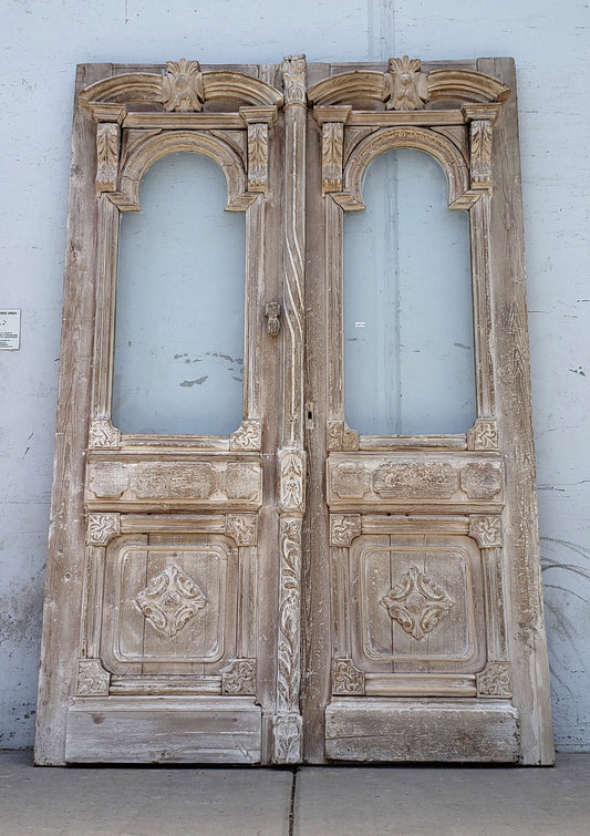 Pair of Washed Antique Carved Doors w/2 Lites