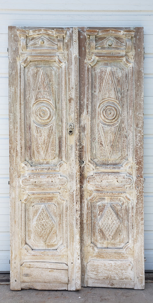 Pair of Washed Antique Wood Carved Doors w/3 Panels