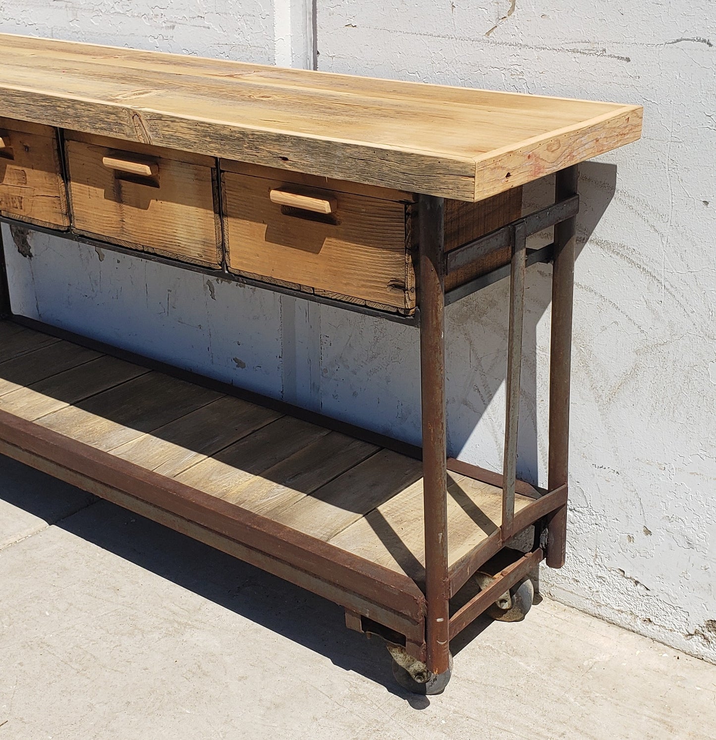 Repurposed Trolley Console Table with Drawers