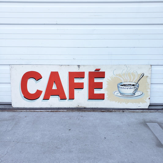 Long French Wooden Cafe Sign with Coffee Cup