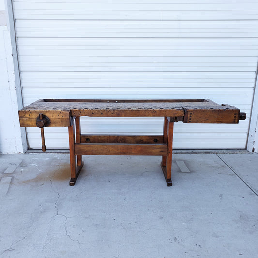 Stained Wooden Work Table with Vice