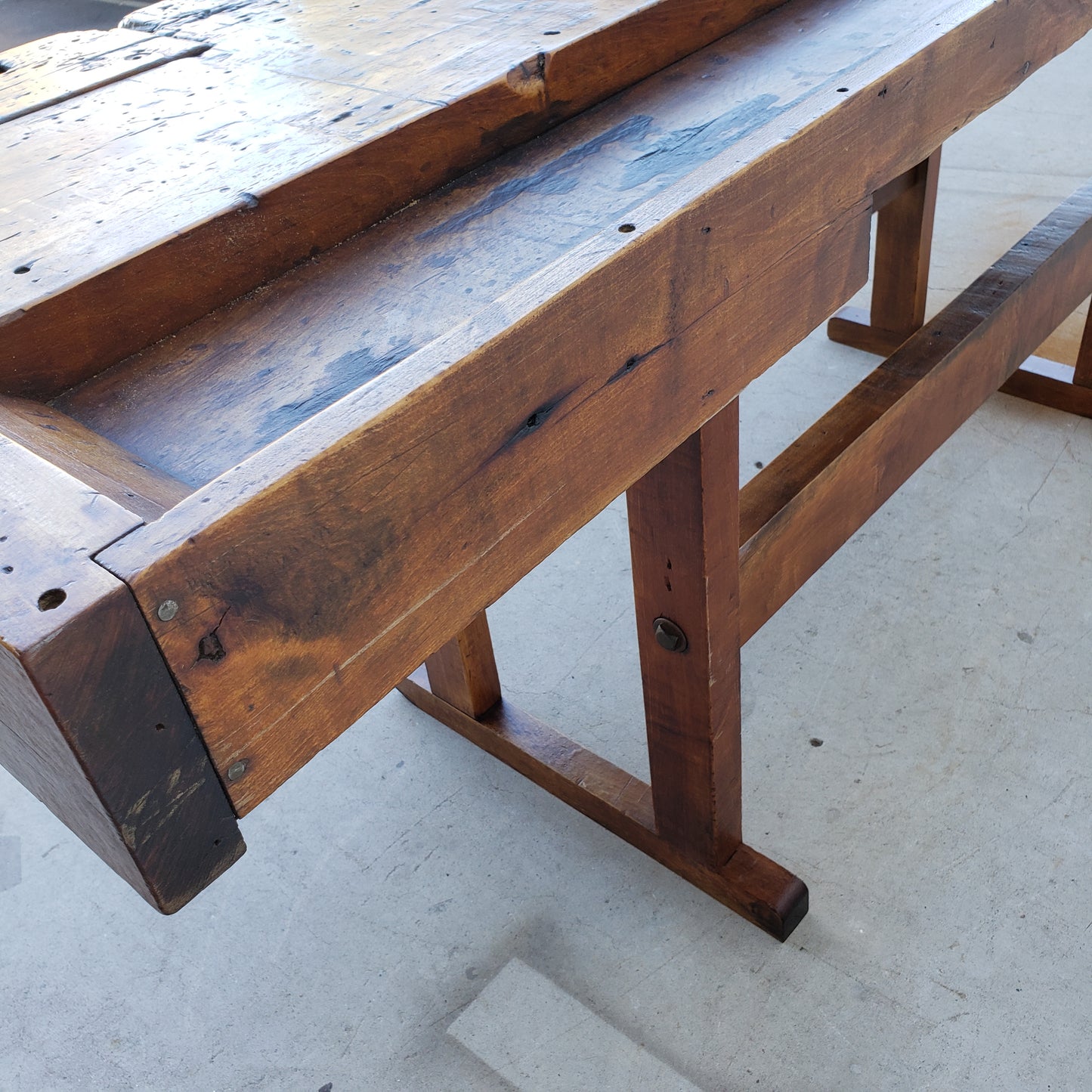 Stained Wooden Work Table with Vice