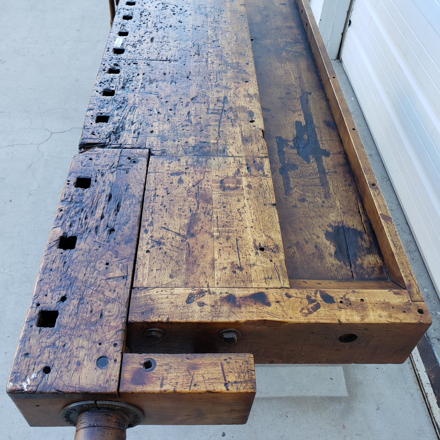 Stained Wooden Work Table with Vice