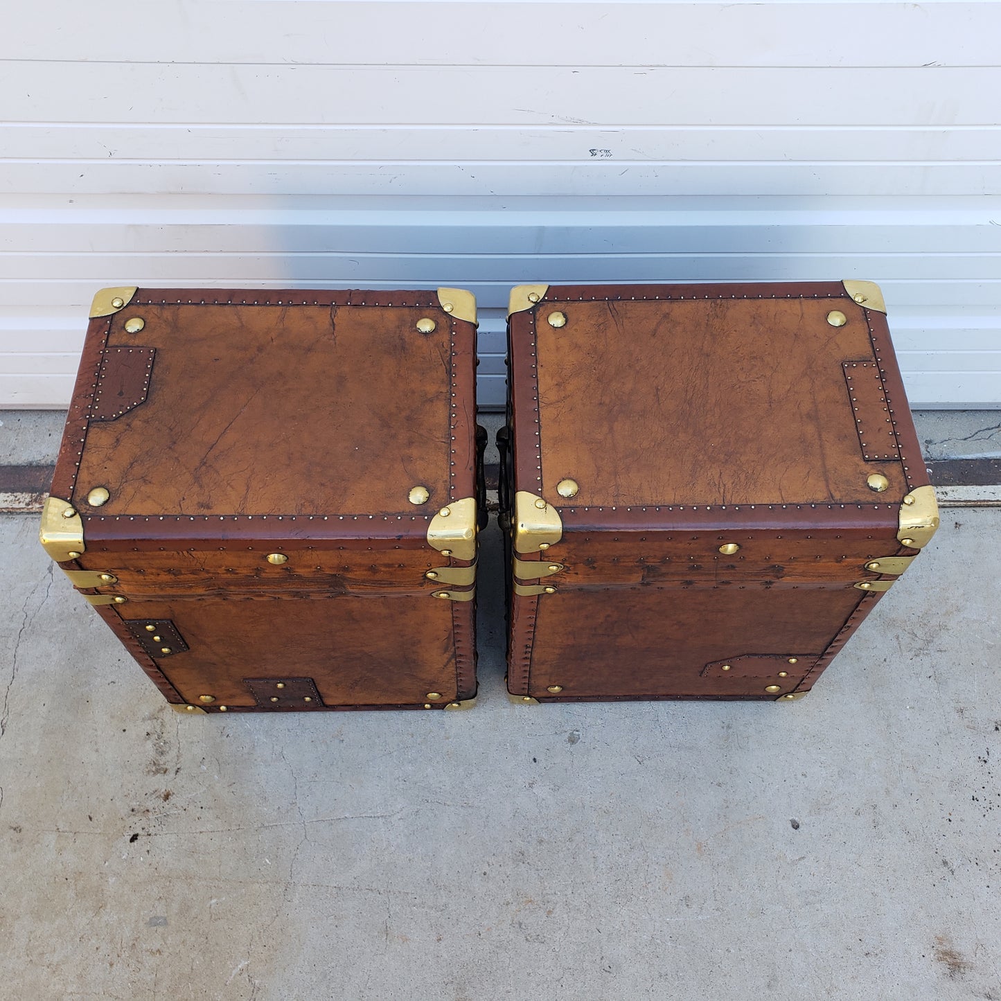 Pair of Restored English Leather Trunks / Side Tables