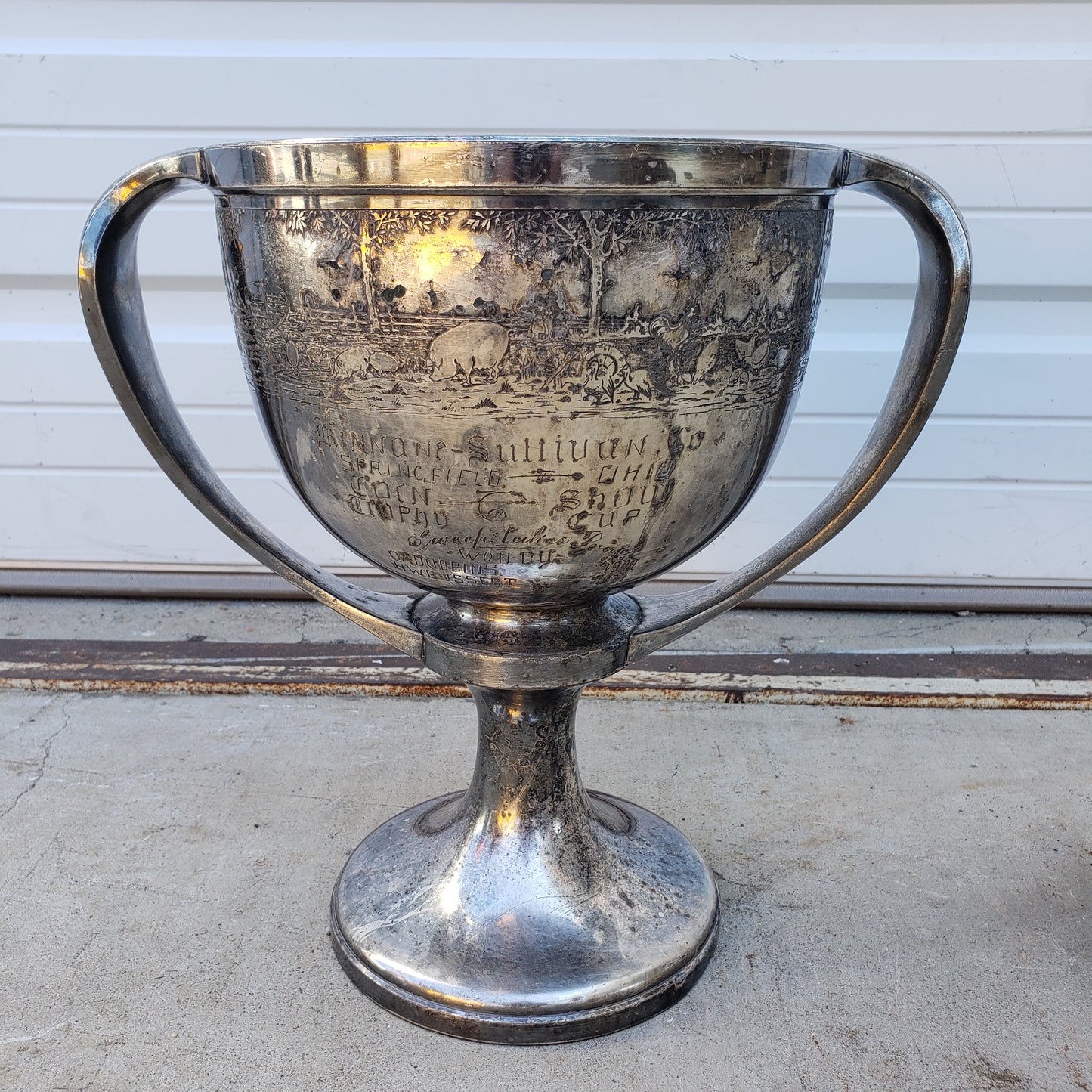 1911 Rogers Bros. Silver Plate Loving Cup Trophy Engraved Springfield, OH with Pastoral Scene
