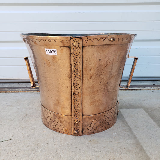 Antique French Hammered & Etched Copper Ferrat / Firewood Basket Bucket