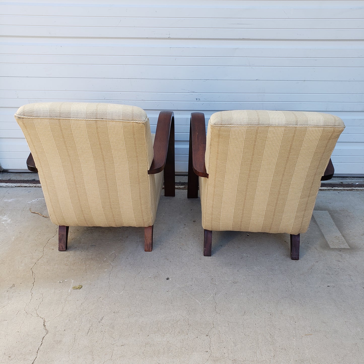 Pair of French Mid Century Upholstered Chairs with Wood Arms