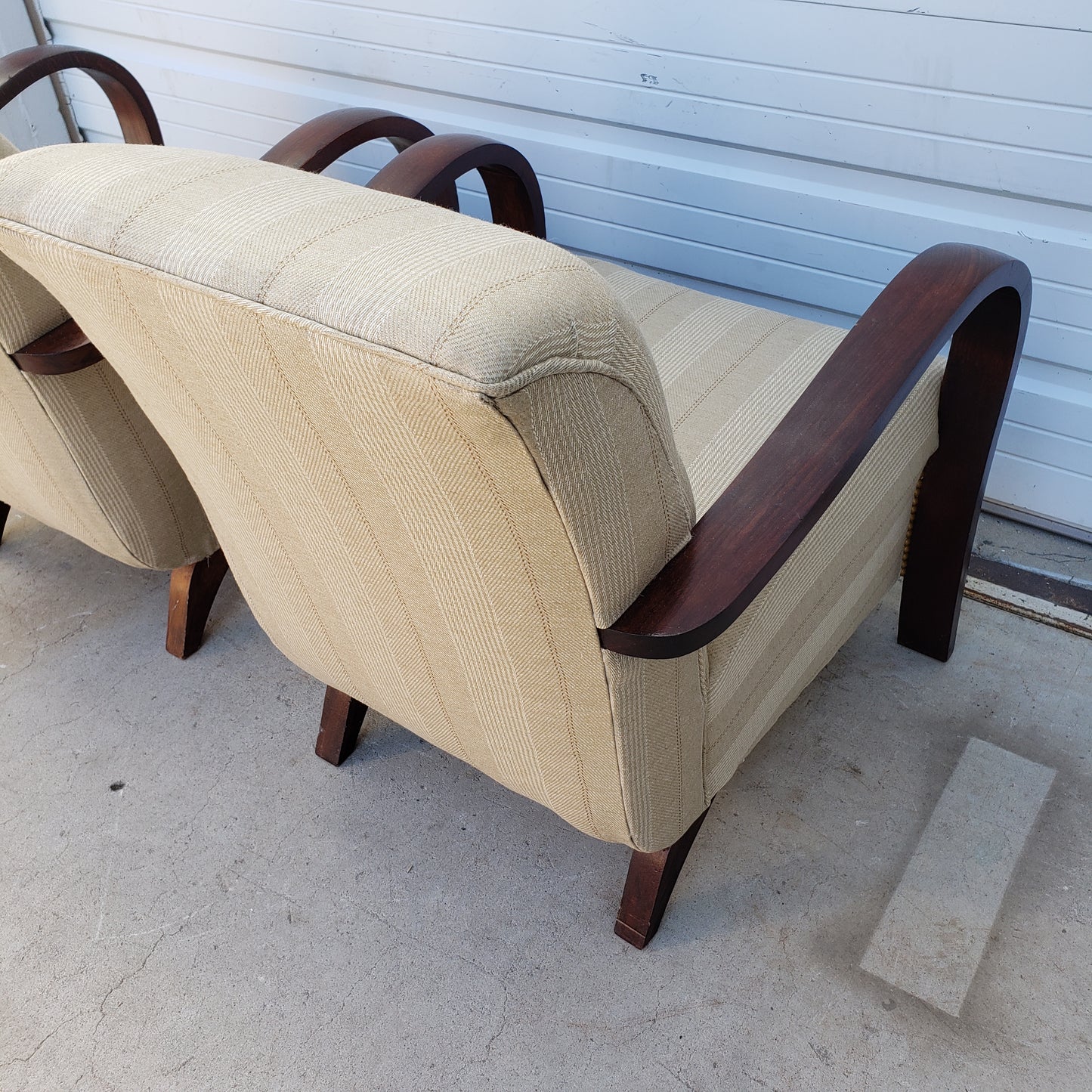 Pair of French Mid Century Upholstered Chairs with Wood Arms
