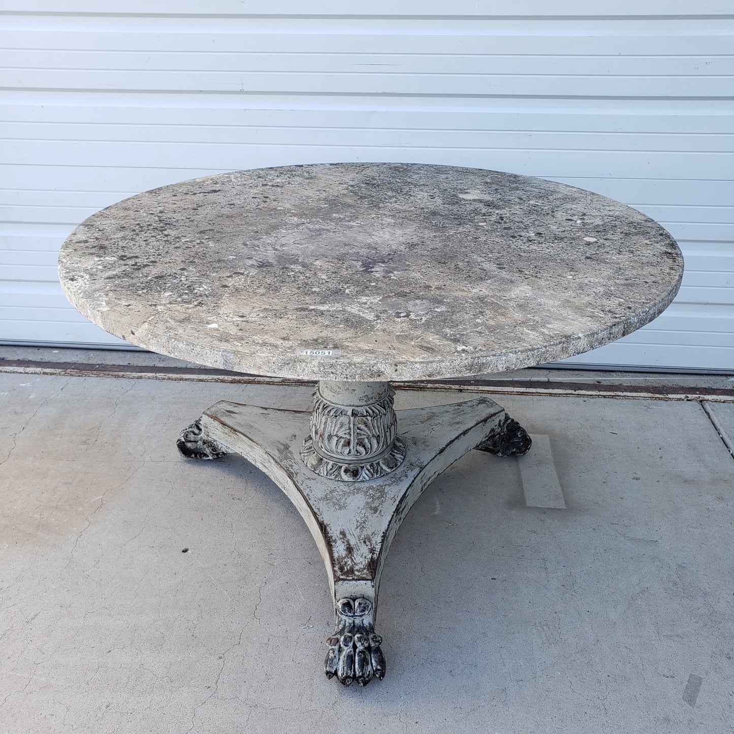 Stone Top Dining Table with 3 Leg Carved Wood Base