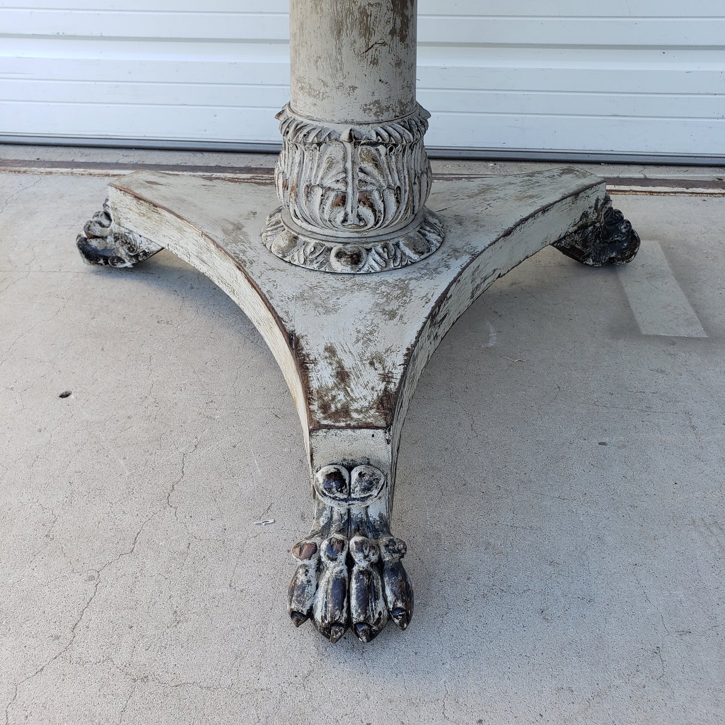 Stone Top Dining Table with 3 Leg Carved Wood Base