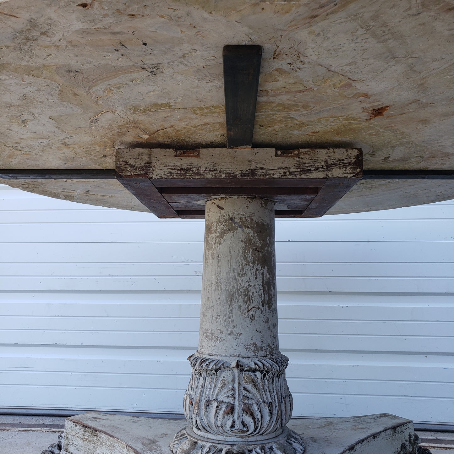 Stone Top Dining Table with 3 Leg Carved Wood Base