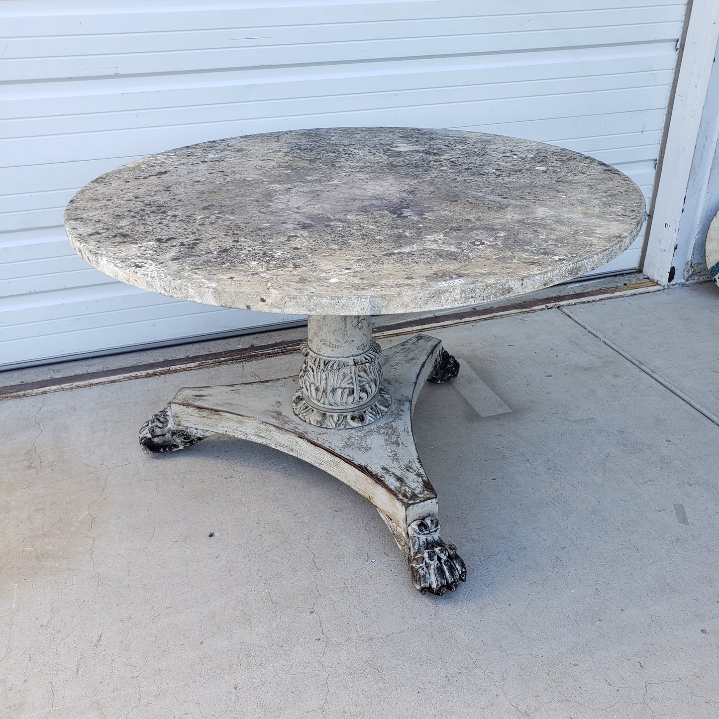 Stone Top Dining Table with 3 Leg Carved Wood Base