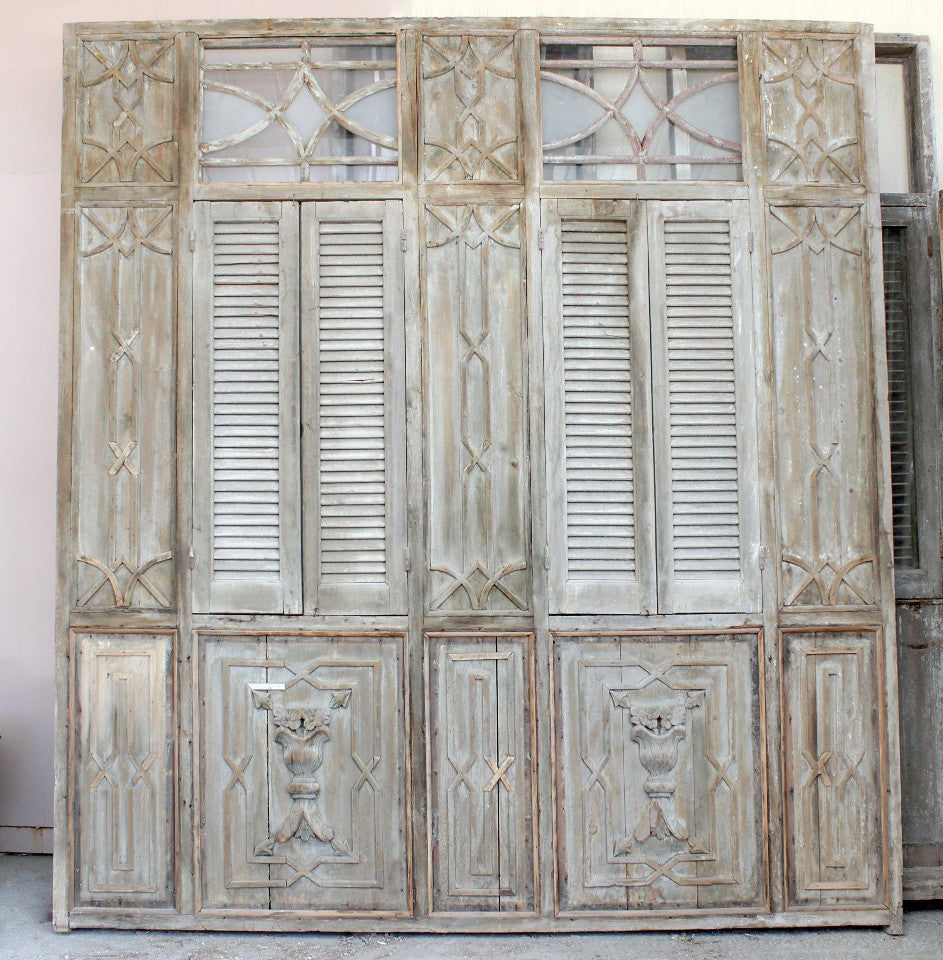 Set of 4 Rectangle Panel Carved Wooden Windows and Shutters with Transom