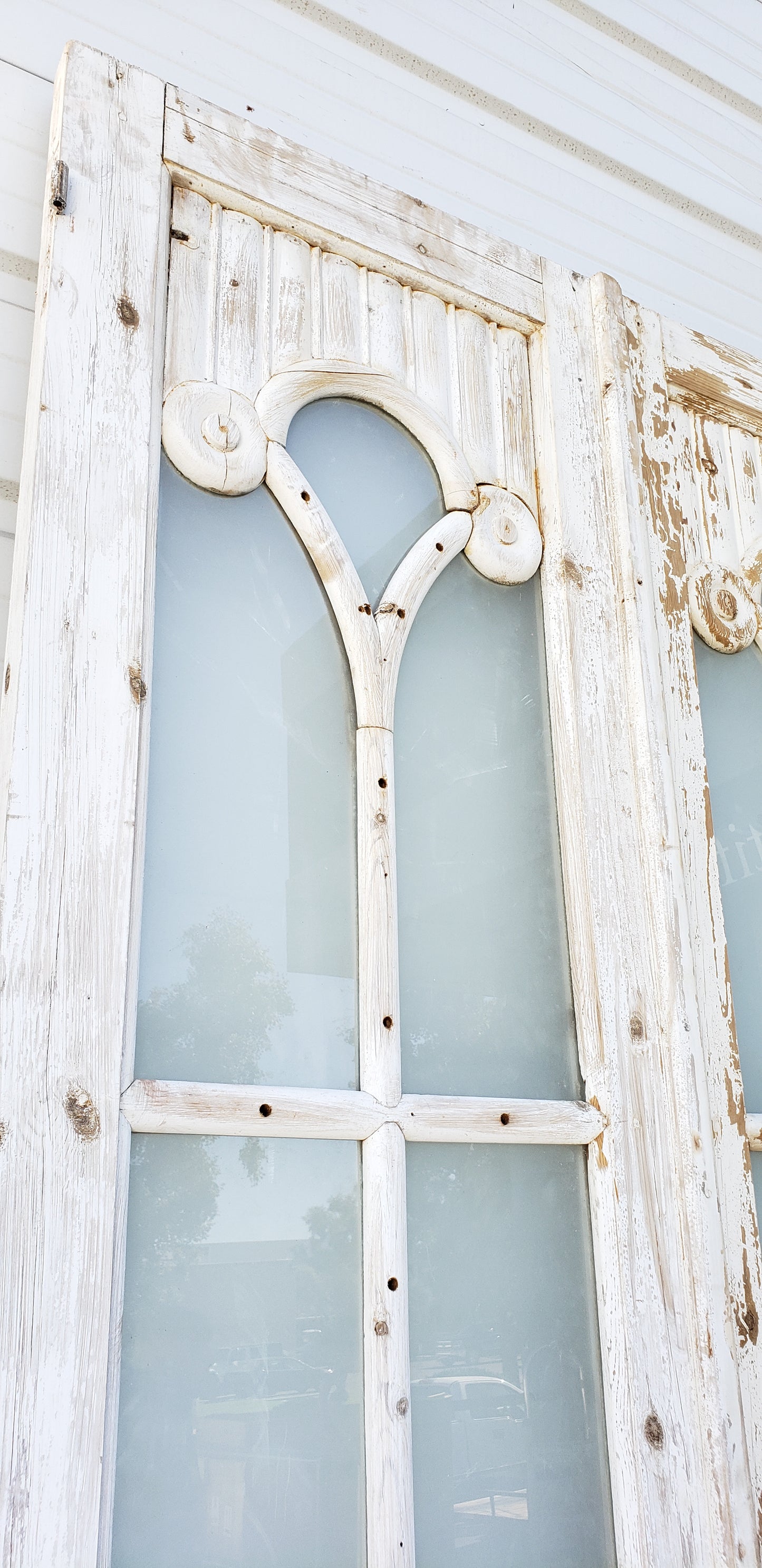 Pair of Ornate Paneled 8 Lite Washed Wood Doors