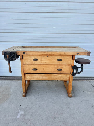Wooden Work Table with Two Drawers, Vice and Mounted Stool