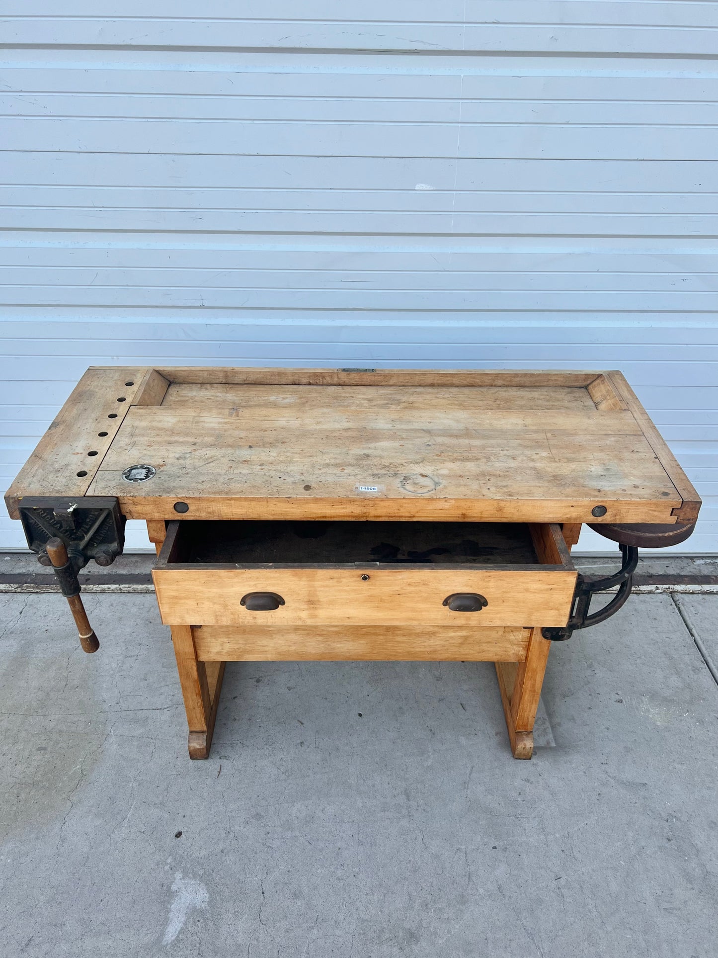 Wooden Work Table with Two Drawers, Vice and Mounted Stool