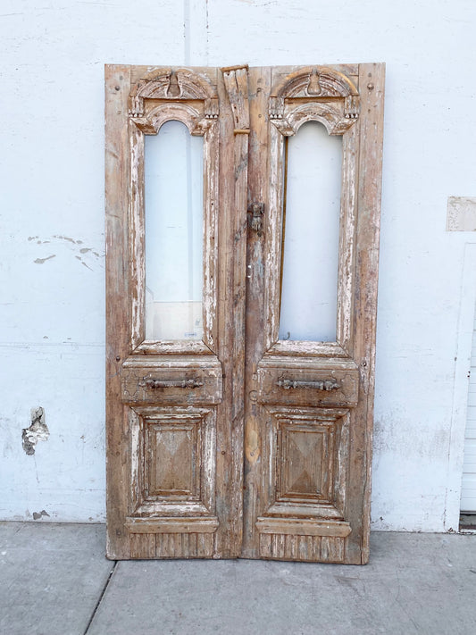 Pair of 2-Lite Antique Wood Carved Doors with Iron Inserts