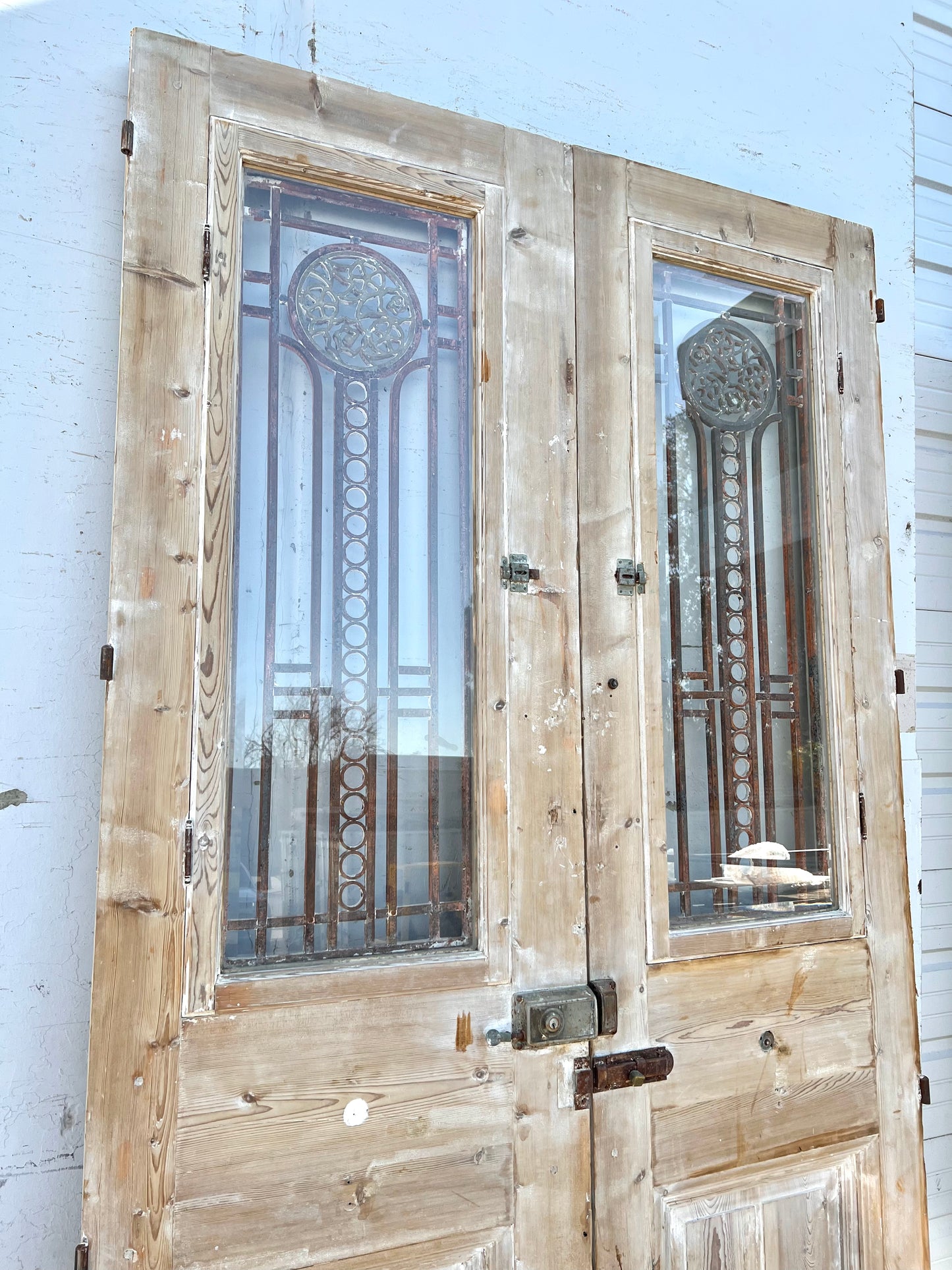 Pair of Washed Antique Wood Doors w/Iron Inserts