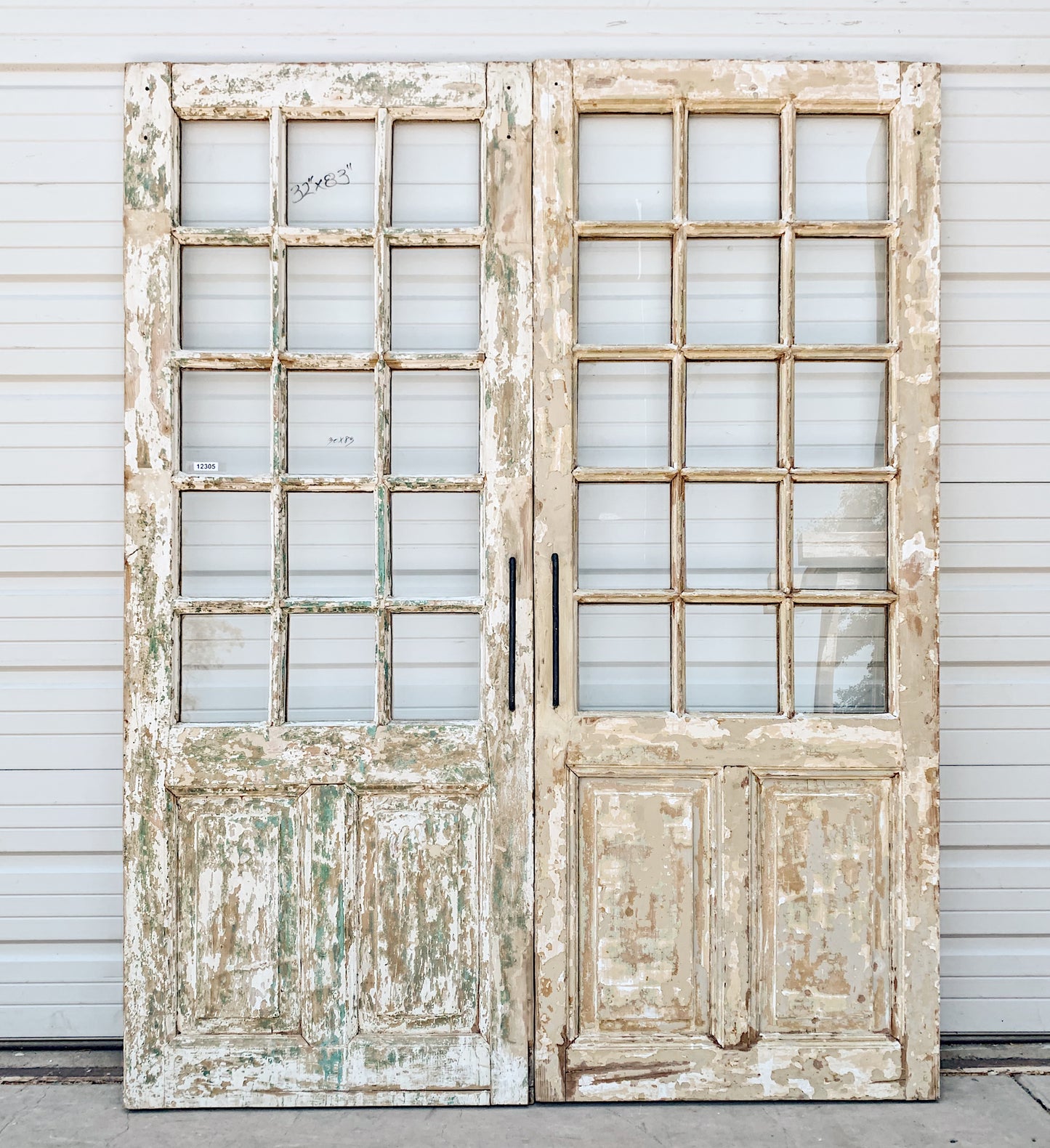 Pair of 2 Panel 15 Lite Painted Wood French Antique Doors