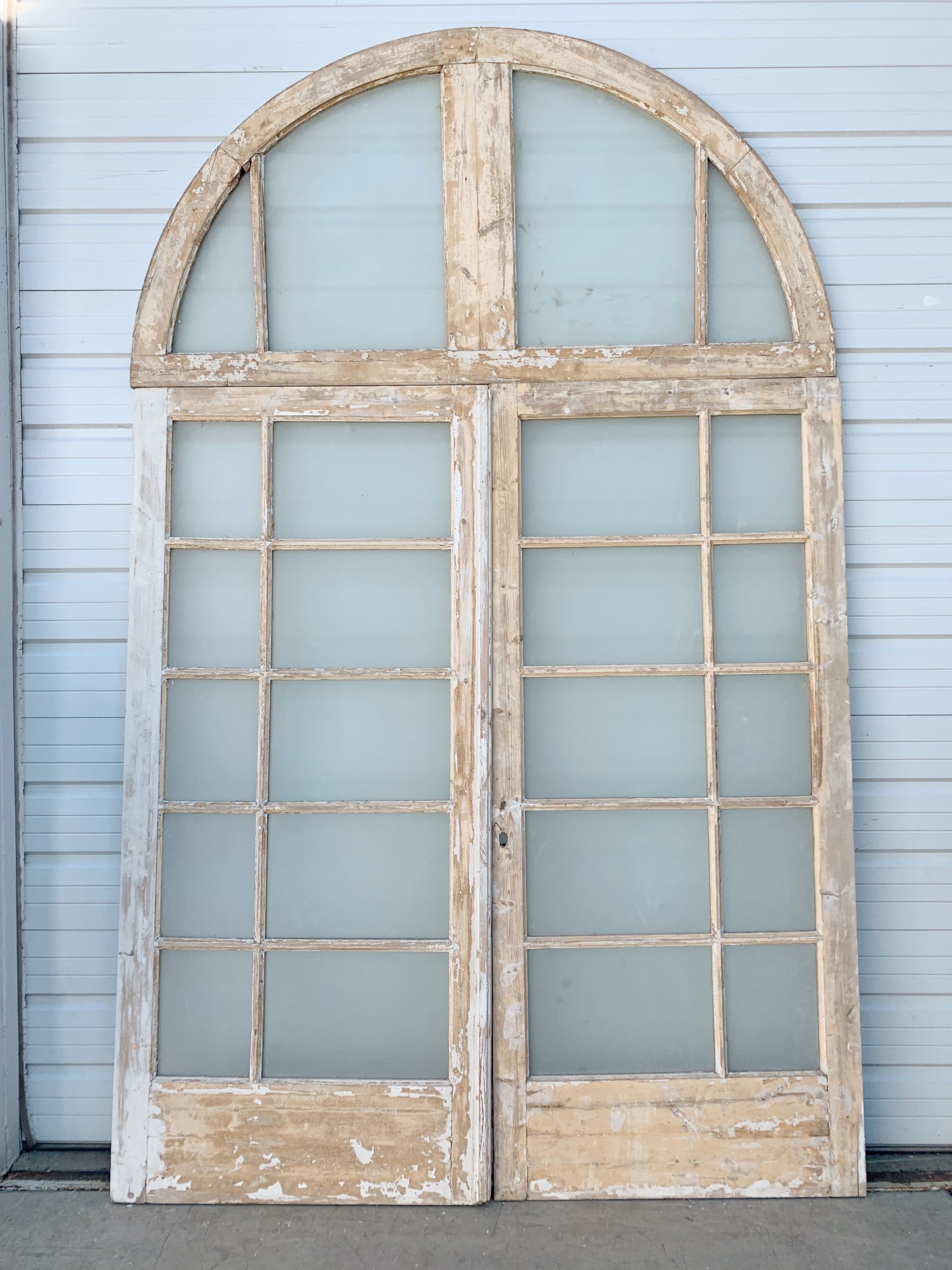 Pair of 10 Lite Obscured Glass French Antique Doors with Half-Round Transom