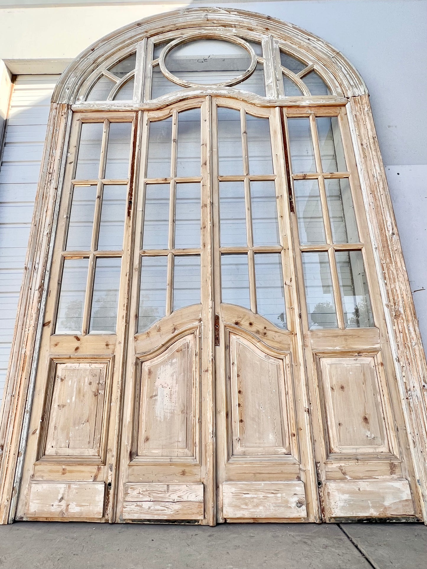 Set of 4 Antique French Doors with 24 Lites and Arched Transom Window
