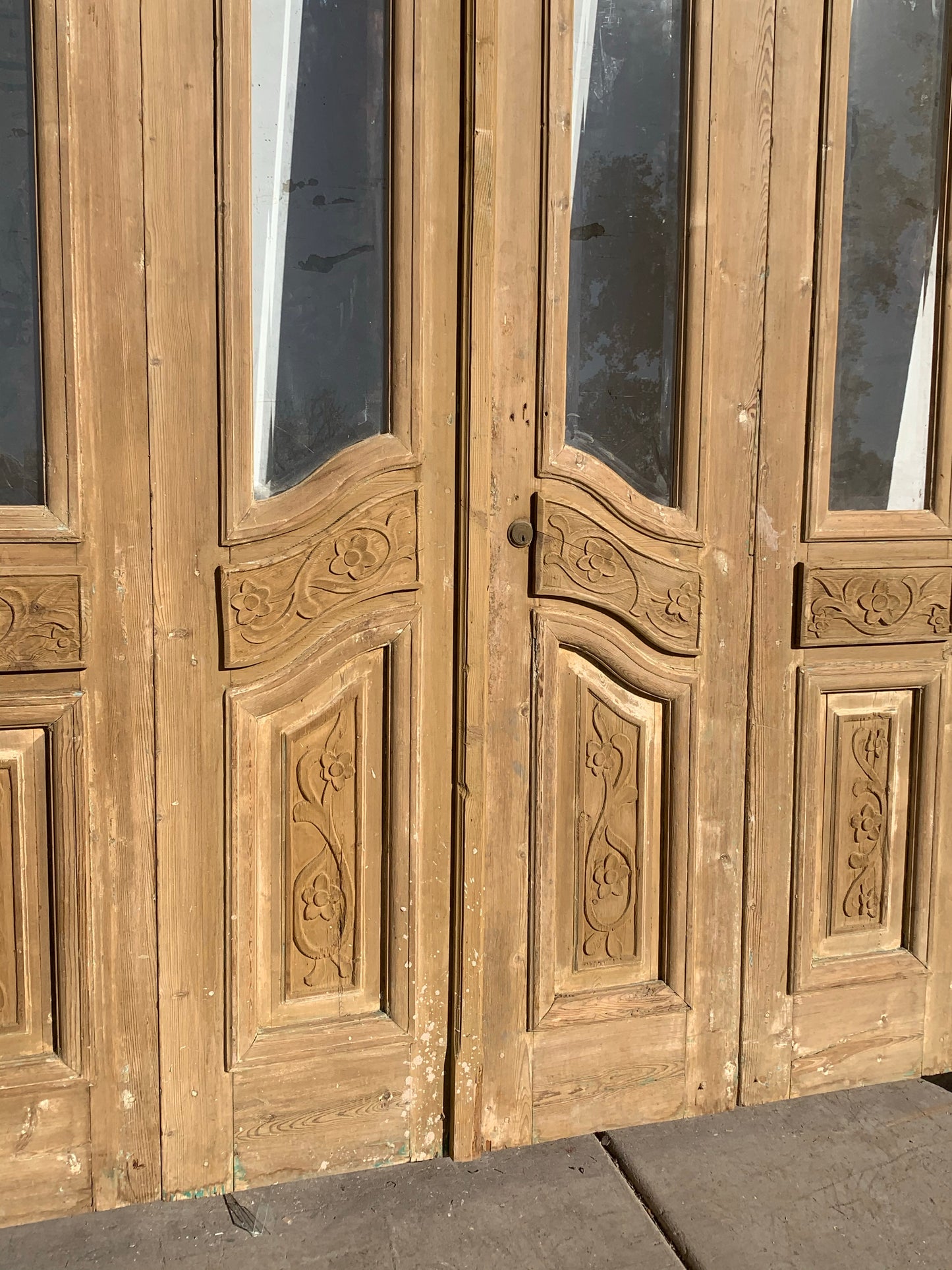 Set of 4 Carved Antique Doors with Iron Scroll Transom
